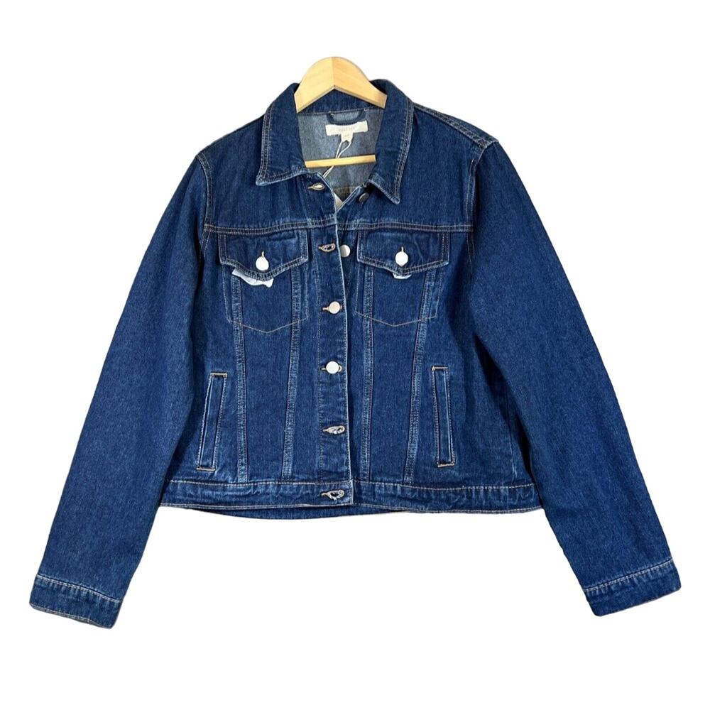 Brit.NY Denim Jean Jacket XL Blue Embellished Satin Mixed Media Floral NEW